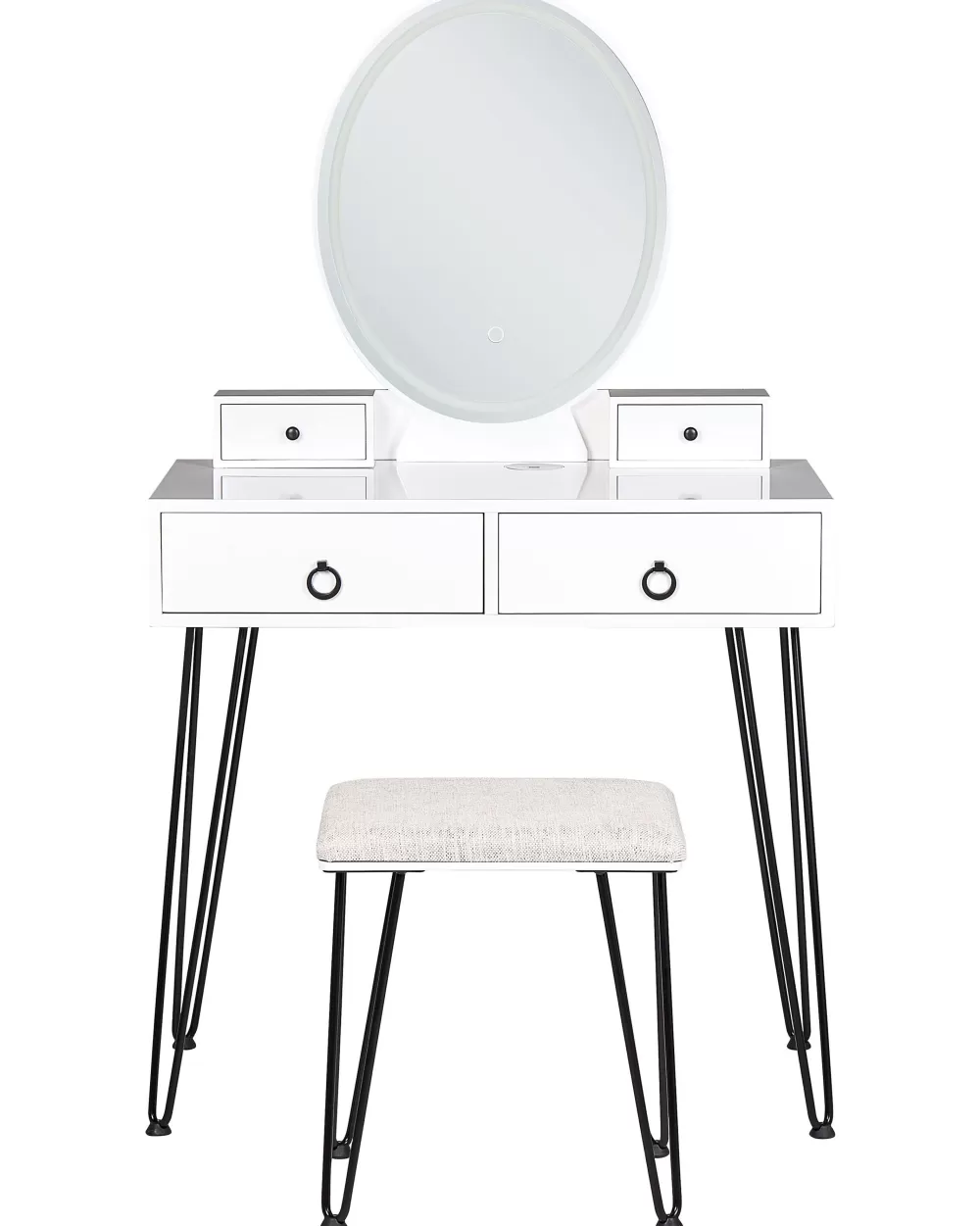 Toeletta moderna Beliani con 4 cassetti, specchio LED incorporato e porte USB - Set completo con poggiapiedi in stile scandinavo, bianco/nero - Design elegante Soye