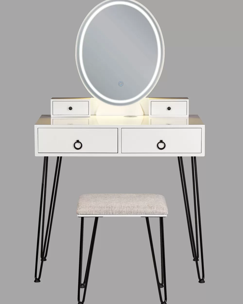 Toeletta moderna Beliani con 4 cassetti, specchio LED incorporato e porte USB - Set completo con poggiapiedi in stile scandinavo, bianco/nero - Design elegante Soye