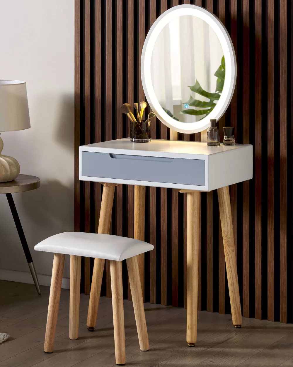 Elegante Set Toilette con Specchio LED Illuminato, Cassetto Integrato e Sgabello Accompagnatore - Combinazione Bianco Grigio