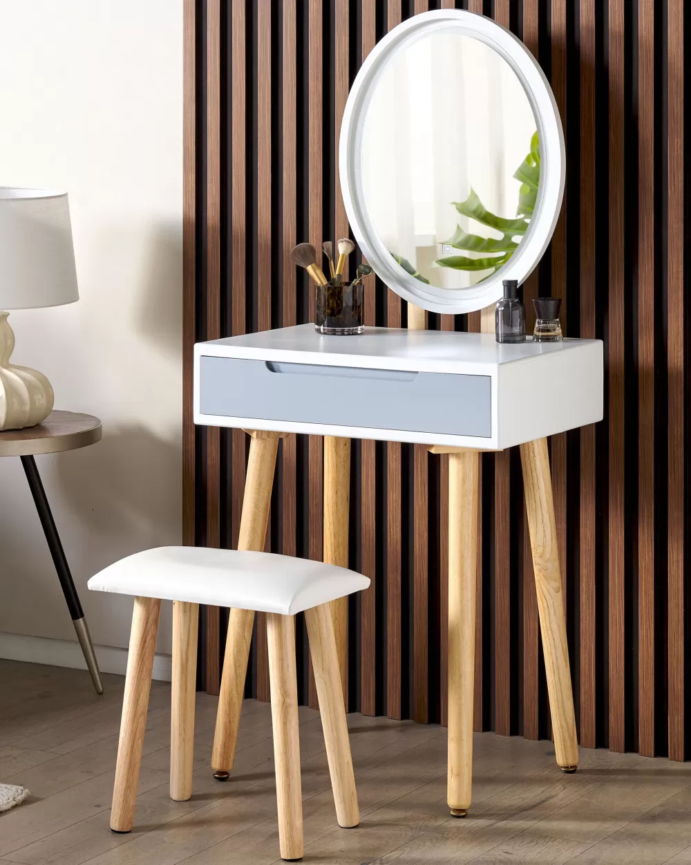 Elegante Set Toilette con Specchio LED Illuminato, Cassetto Integrato e Sgabello Accompagnatore - Combinazione Bianco Grigio