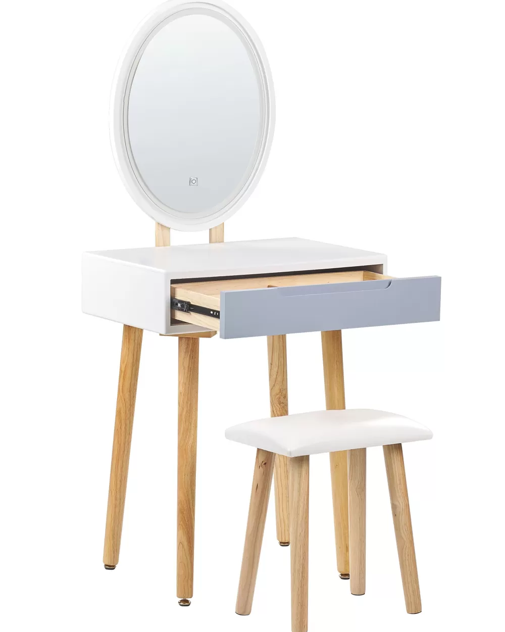Elegante Set Toilette con Specchio LED Illuminato, Cassetto Integrato e Sgabello Accompagnatore - Combinazione Bianco Grigio
