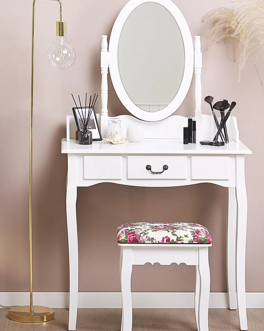 Elegante set toeletta con specchio, cassetto integrato e sgabello coordinato - Bianco Soleil by Beliani