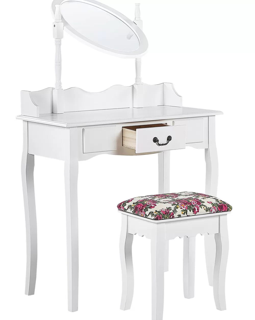 Elegante set toeletta con specchio, cassetto integrato e sgabello coordinato - Bianco Soleil by Beliani