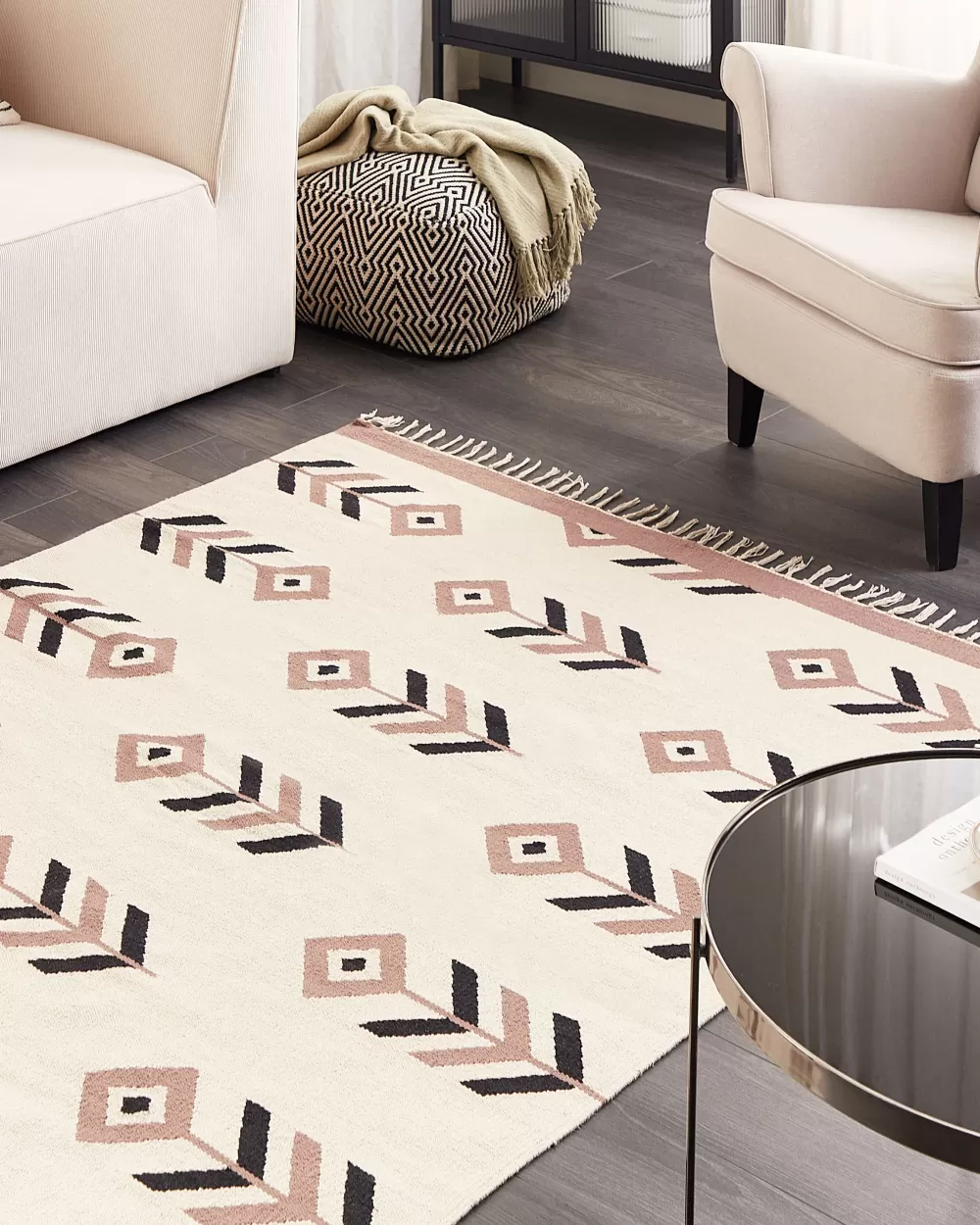 Tappeto Beliani Niavan in Cotone 160x230 cm - Beige Antracite con Trama Moderna, Ideale per Soggiorno o Camera da Letto