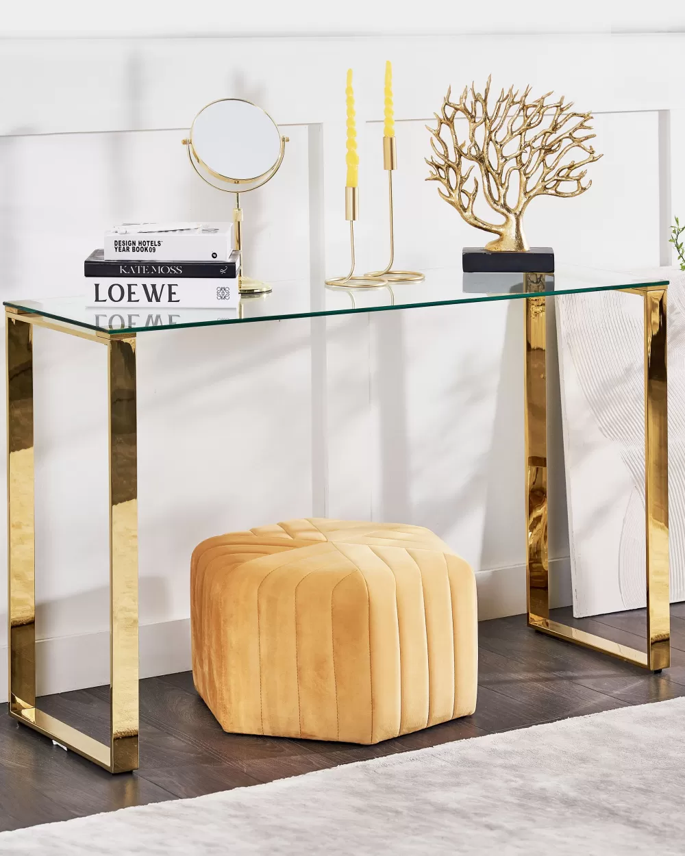 Elegante Tavolo Console con Piano in Vetro - Acciaio Inossidabile Dorato per Arredamento Moderno