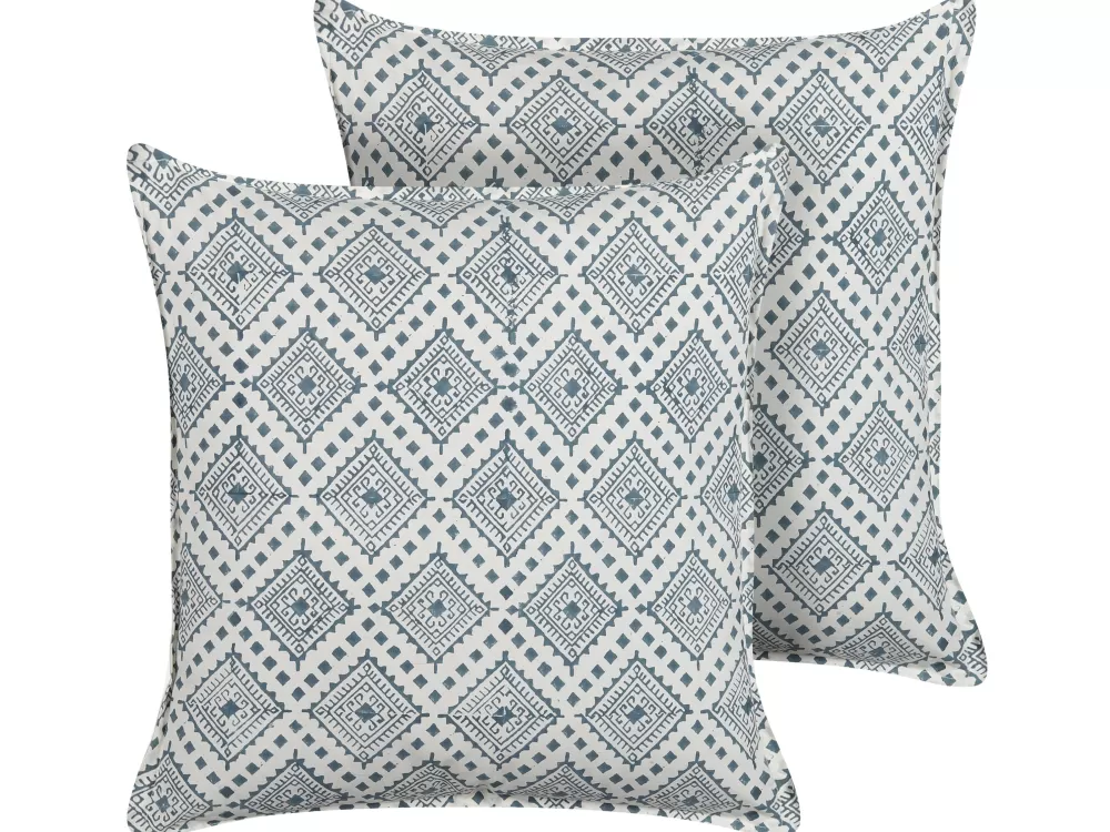 Cuscini Decorativi in Cotone Bianco e Blu - Set da 2 con Trama Corda 45x45 cm per Arredamento Moderno Beliani