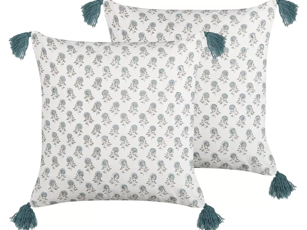 Cuscini Decorativi Beliani in Cotone Bianco e Blu, 45x45 cm - Set da 2 Pezzi Linea Cornus in Promozione