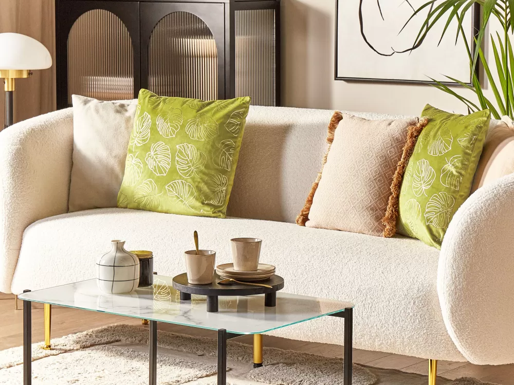 Cuscino Decorativo in Velluto Verde Chiaro con Motivo Monstera - 45x45 cm, Set da 2 - Ideale per Arredamento Moderno e Accogliente