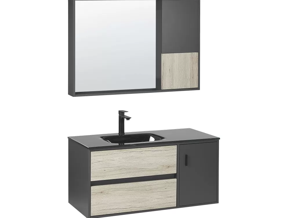 Armadio Bagno Moderno Beliani 3 Pezzi Legno Chiaro/Antracite | Set Completo con Specchio 100cm Modello Teruel - Composizione Elegante per Spazi Compatti