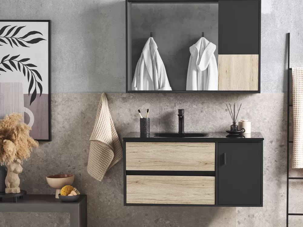 Armadio Bagno Moderno Beliani 3 Pezzi Legno Chiaro/Antracite | Set Completo con Specchio 100cm Modello Teruel - Composizione Elegante per Spazi Compatti