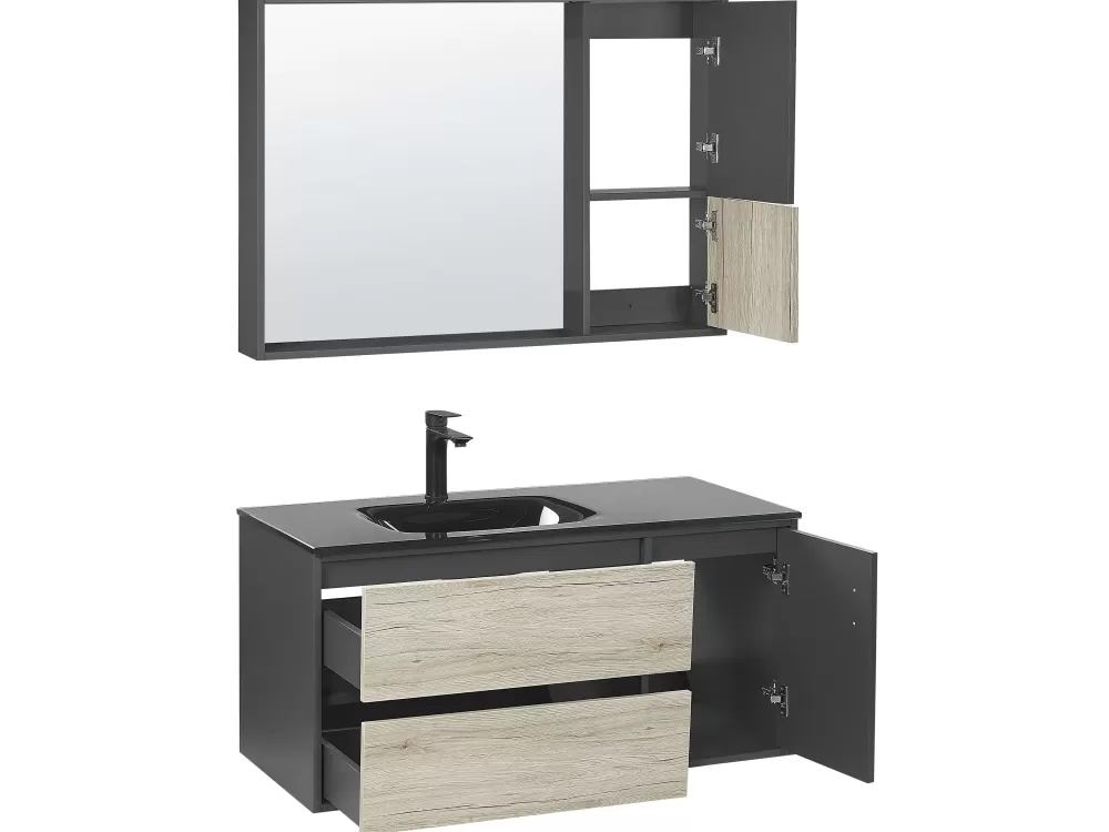 Armadio Bagno Moderno Beliani 3 Pezzi Legno Chiaro/Antracite | Set Completo con Specchio 100cm Modello Teruel - Composizione Elegante per Spazi Compatti