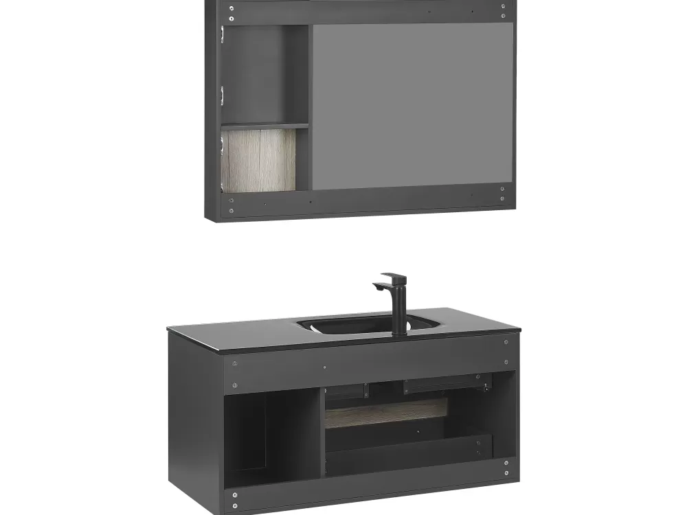 Armadio Bagno Moderno Beliani 3 Pezzi Legno Chiaro/Antracite | Set Completo con Specchio 100cm Modello Teruel - Composizione Elegante per Spazi Compatti