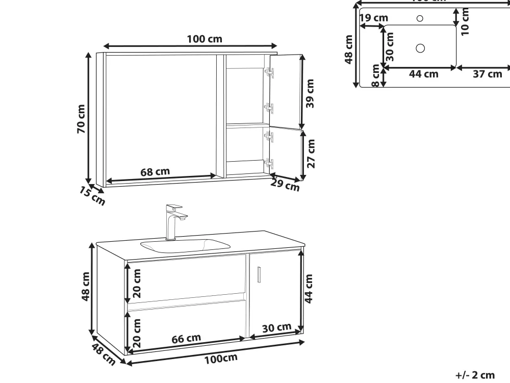 Armadio Bagno Moderno Beliani 3 Pezzi Legno Chiaro/Antracite | Set Completo con Specchio 100cm Modello Teruel - Composizione Elegante per Spazi Compatti