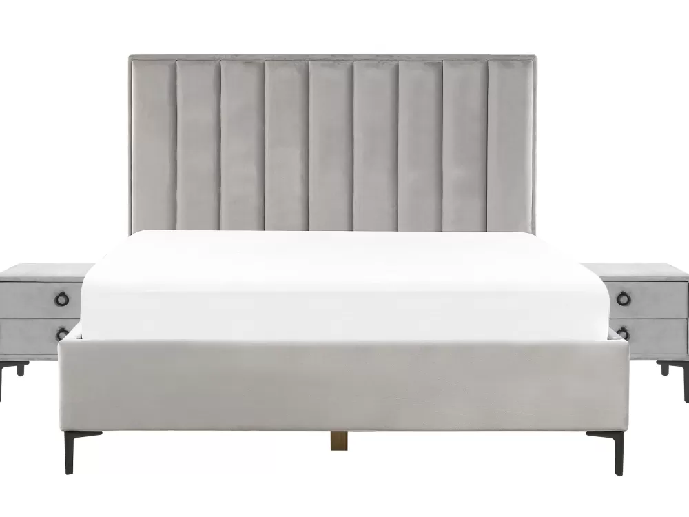 Completo Letto Beliani in Velluto Grigio Perla - Set 3 Pezzi Matrimoniale 180x200 cm con Testiera Imbottita, Collezione Sezanne per Camera da Letto Confortevole