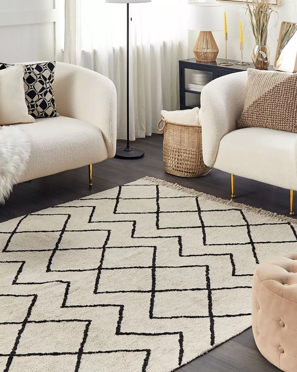 Beliani Tappeto Matto in Cotone Elegante - Design Moderno Beige/Nero, 160x230 cm, Collezione Eldes