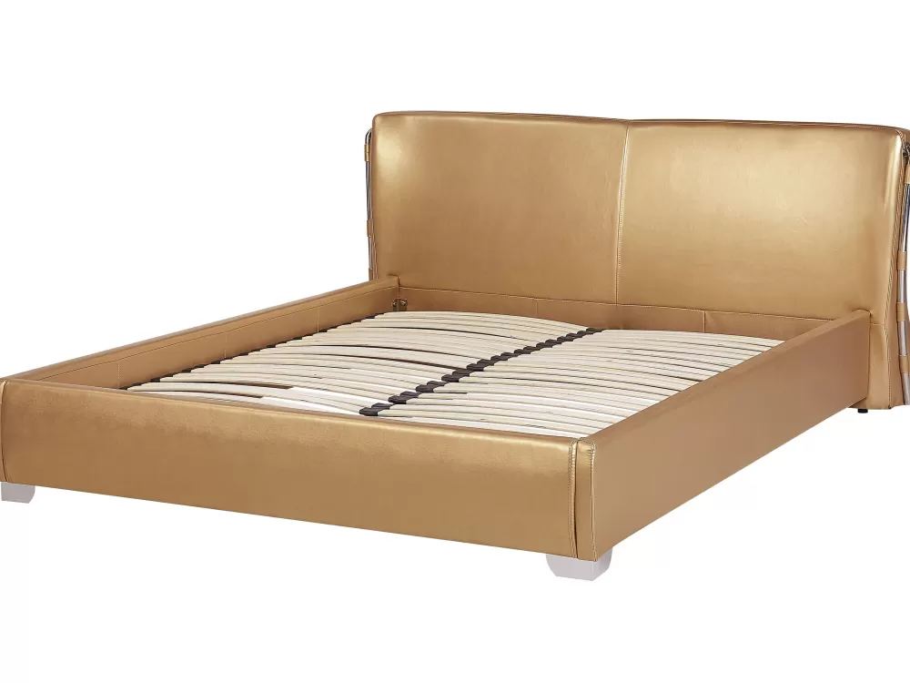 Letto Matrimoniale Beliani in Vera Pelle con Illuminazione LED Integrata - Design Elegante Stile Parigi, Dimensioni 180x200 cm, Finitura Dorata