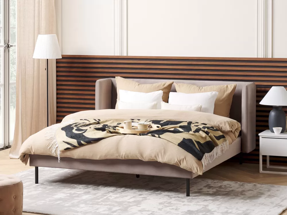 Beliani Letto Parisanky con Rivestimento in Velluto - Piumone Elegante Grigio-Taupe 160x200 cm, Modello Arette