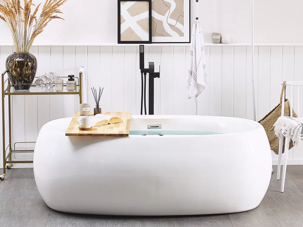 Vasca Idromassaggio Indipendente Beliani Mustique con Luci LED Integrate - Moderno Design in Bianco, 180x100 cm per Relax Totale