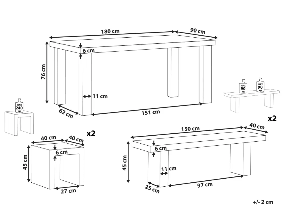 Completo Giardino Moderno in Cemento Beliani – Set Taranto con 2 Panche e 2 Sgabelli