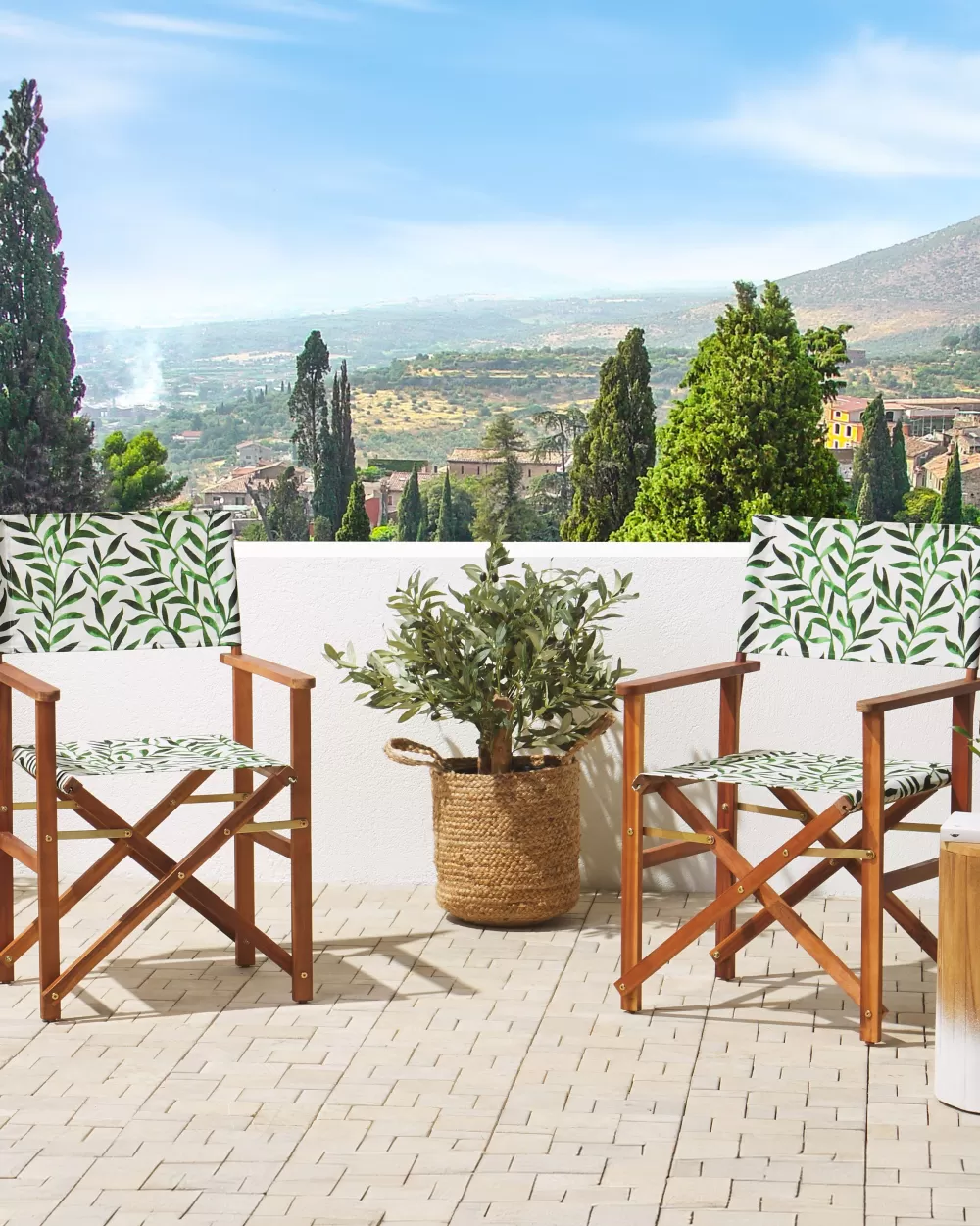 Saldi Estivi: Set 2 Sedie da Giardino in Legno di Acacia con Fodera Intercambiabile - Design Elegante Grigio e Motivo Botanico, Pratiche e Comode per Esterni