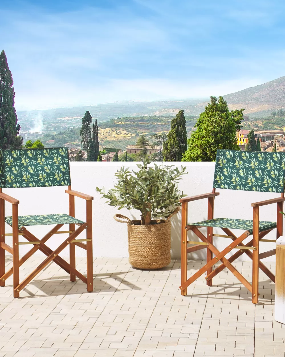 Beliani Outlet - Sedia da Giardino Elegante in Legno di Acacia Scuro con Rivestimento Intercambiabile, Set di 2 Pezzi Bianco Naturale e Motivo Olive - Collezione Cine