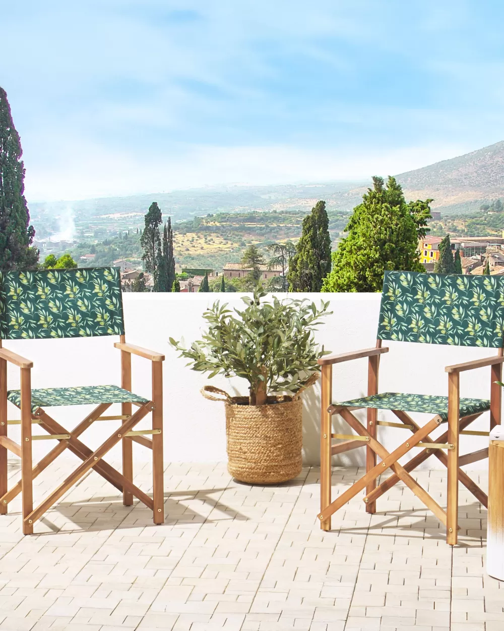 Beliani Set 2 Sedie da Giardino in Legno Acacia Chiaro con Rivestimenti Intercambiabili - Tessuto Grigio Antracite e Motivo Foglie d'Ulivo, Design Pratico per Esterni
