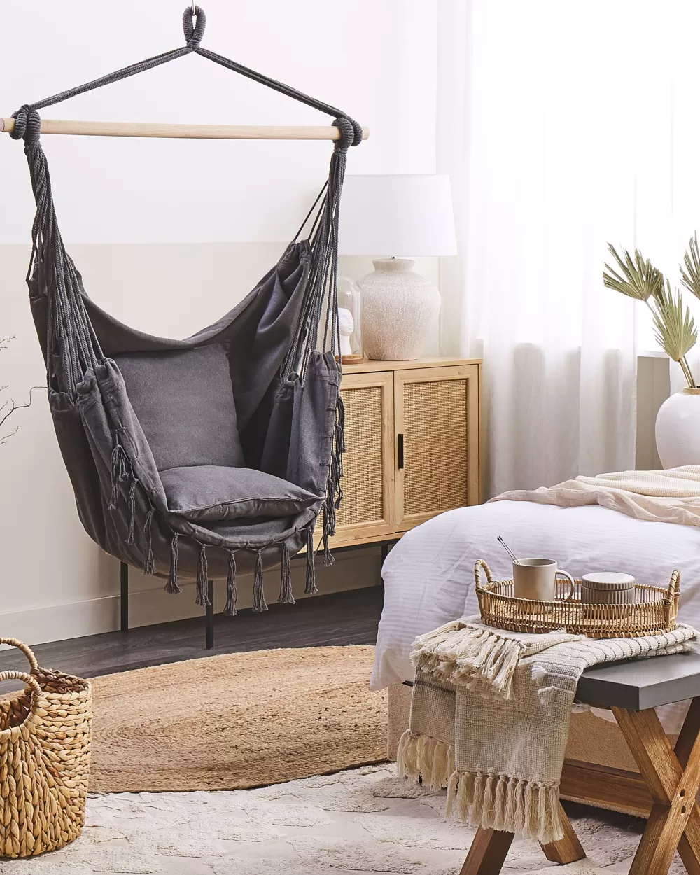 Comoda Amaca Sospesa Beliani in Tessuto Grigio - Design Bonea con Supporto in Cotone Rigenerato