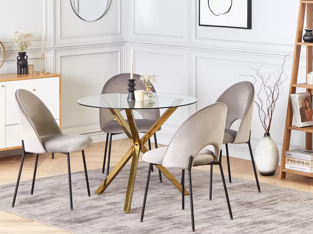 Beliani Saldo: Tavolo da Pranzo Moderno con Piano in Vetro e Struttura in Ferro Dorato, 90 cm - Linea Savoni