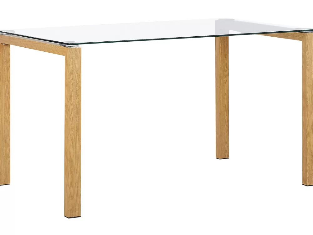 Beliani Tavira - Tavolo da pranzo contemporaneo con base metallica e piano in vetro, finiture in legno chiaro 130x80 cm