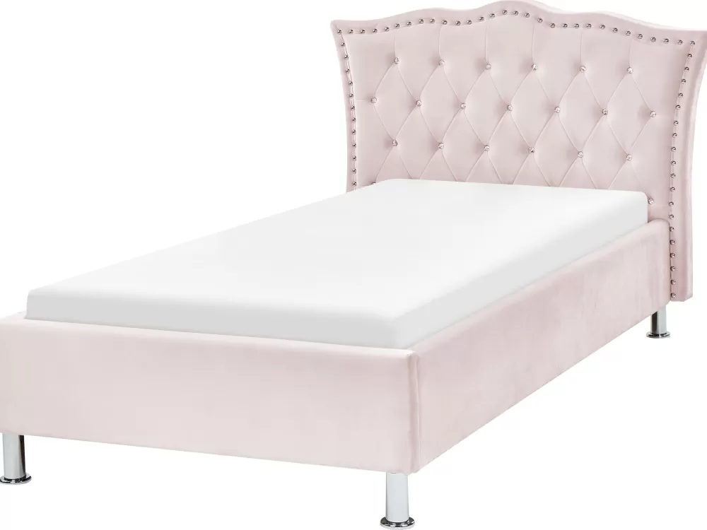 Letto Beliani Sanky in morbido velluto rosa pastello, 90x200 cm - Modello Metz per camera da letto
