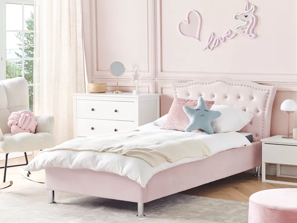 Letto Beliani Sanky in morbido velluto rosa pastello, 90x200 cm - Modello Metz per camera da letto