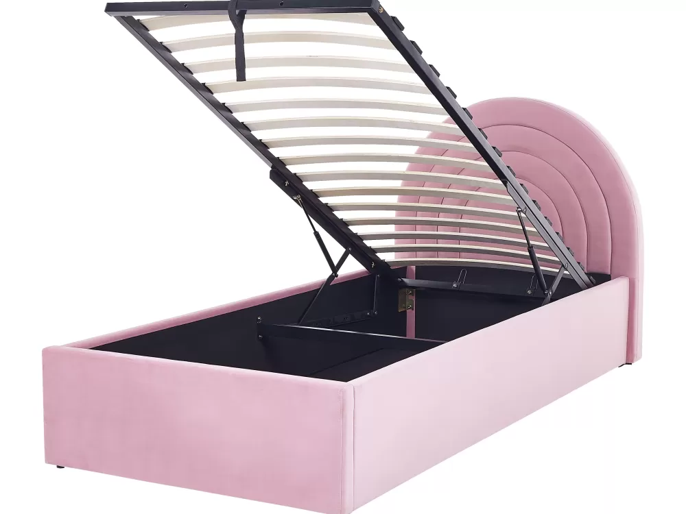Beliani Anet - Cassettiera in tessuto vellutato rosa pastello per cameretta, 90 x 200 cm, soluzione compatta con rivestimento morbido
