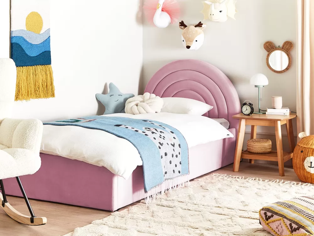 Beliani Anet - Cassettiera in tessuto vellutato rosa pastello per cameretta, 90 x 200 cm, soluzione compatta con rivestimento morbido