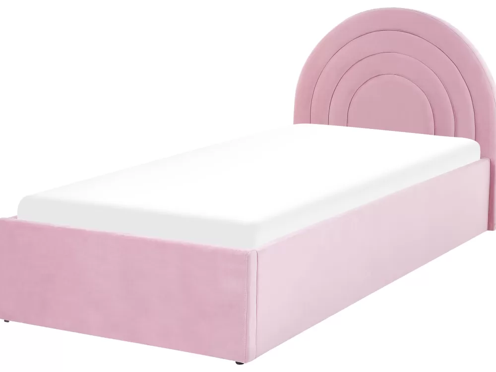 Beliani Anet - Cassettiera in tessuto vellutato rosa pastello per cameretta, 90 x 200 cm, soluzione compatta con rivestimento morbido