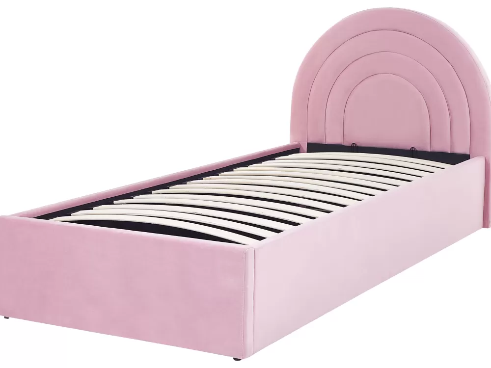 Beliani Anet - Cassettiera in tessuto vellutato rosa pastello per cameretta, 90 x 200 cm, soluzione compatta con rivestimento morbido