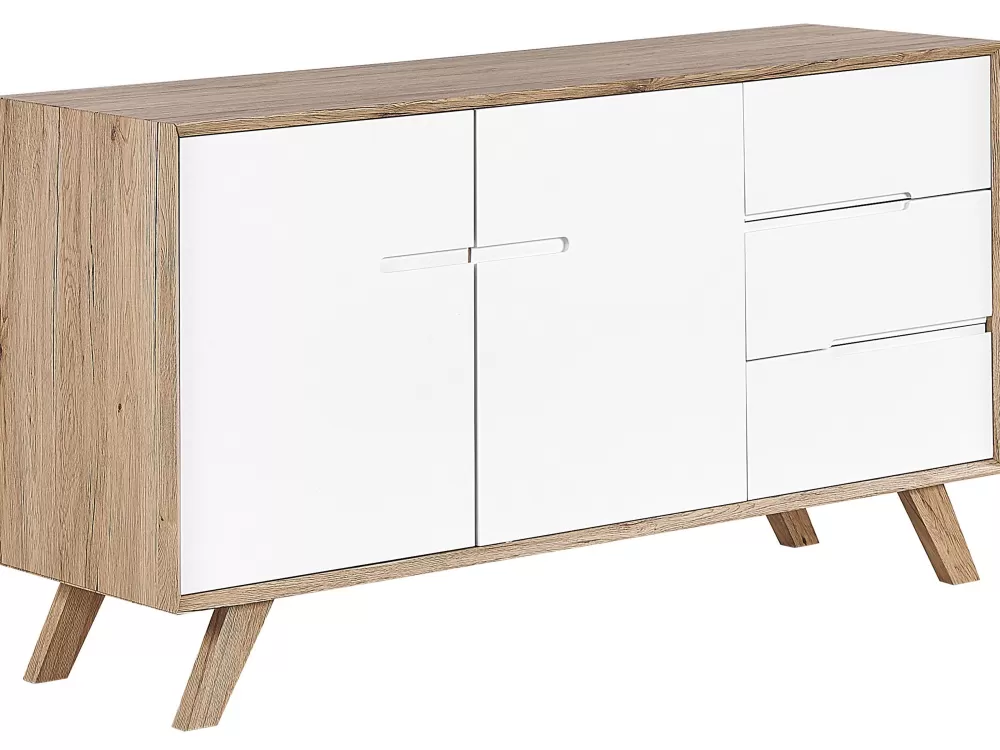 Beliani - Set Pratico con 3 Cassetti e 2 Ante | Mobile Contenitore in Legno Chiaro e Bianco | Design Minimalista per Soggiorno o Camera | Modello Forester