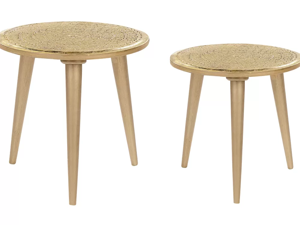 Elegante Set di 2 Tavolini Laterali in Legno di Mango Dorato - Collezione Narra Beliani