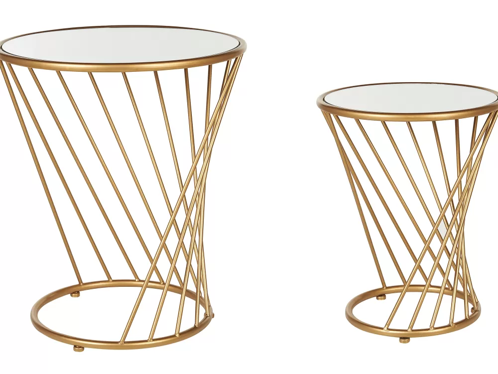 Set di 2 Tavolini Decorativi con Piano a Specchio - Design Twist in Metallo Dorato, Collezione Elegante Beliani