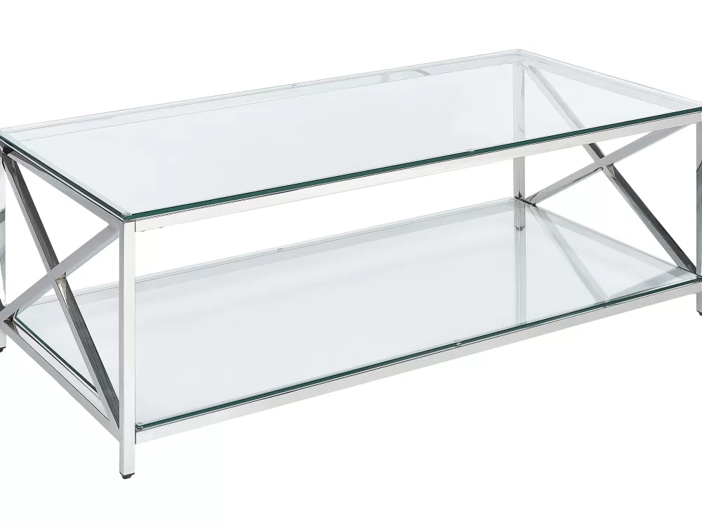 Tavolino da Salotto con Piano in Vetro - Struttura in Acciaio Inox Antiruggine, Finitura Argentata - Collezione Audet by Hot Beliani