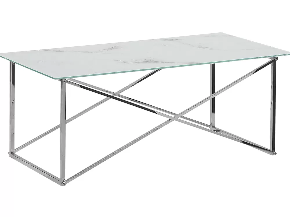 Tavolino da Salotto Beliani in Acciaio Inossidabile con Design Marmorizzato - Bianco Lucido e Rifiniture Argentate, Collezione Emporia