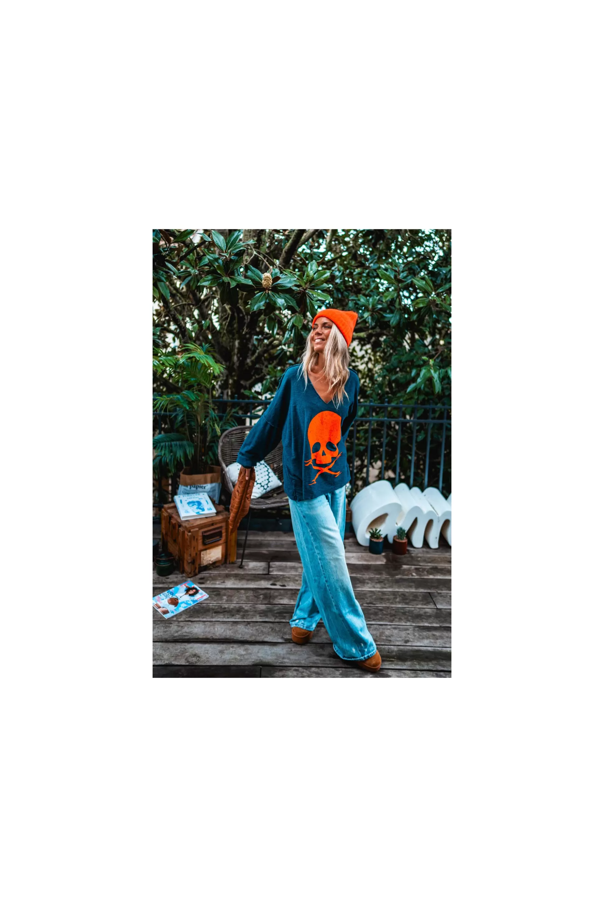 Banditas Felpa con Skull - Gilet e Maglioncino in Blu Marino e Arancio