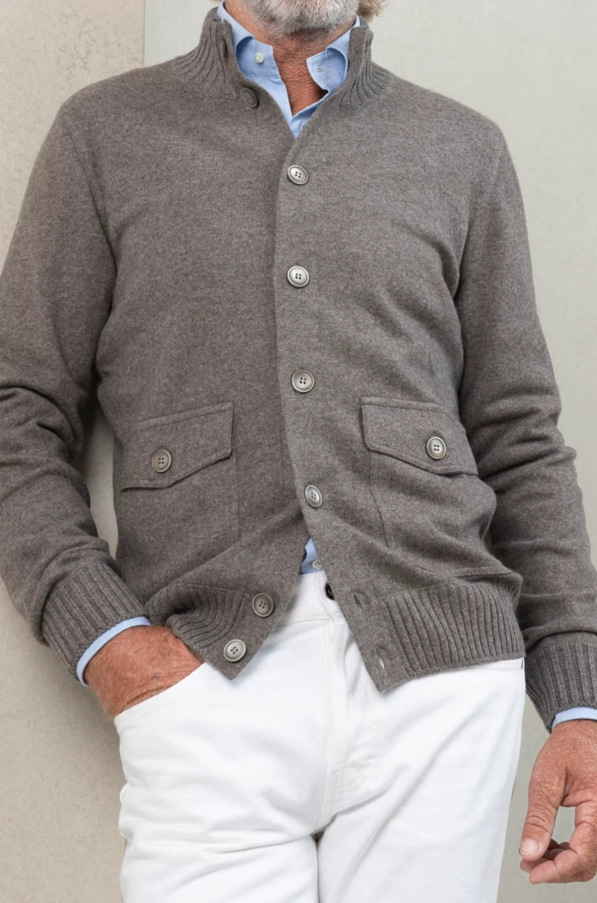 Giubbotto bomber in puro cashmere lavorato a maglia - Colore taupe - Prodotto artigianalmente in Italia | Pini Parma