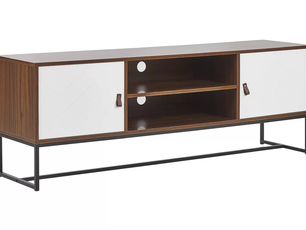 Beliani - Mobile TV Moderno con Ante e Ripiani, Design in Legno Scuro e Bianco Nueva - Soluzione di Stoccaggio Compatta per Soggiorno