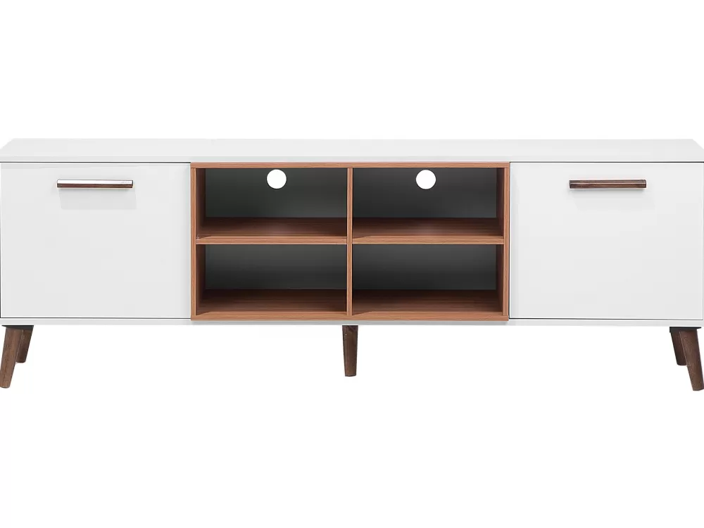 Moderno mobile TV Hot Beliani con 2 livelli e 4 ripiani, design funzionale in legno bianco/nero per soggiorno elegante - struttura solida e stile minimal