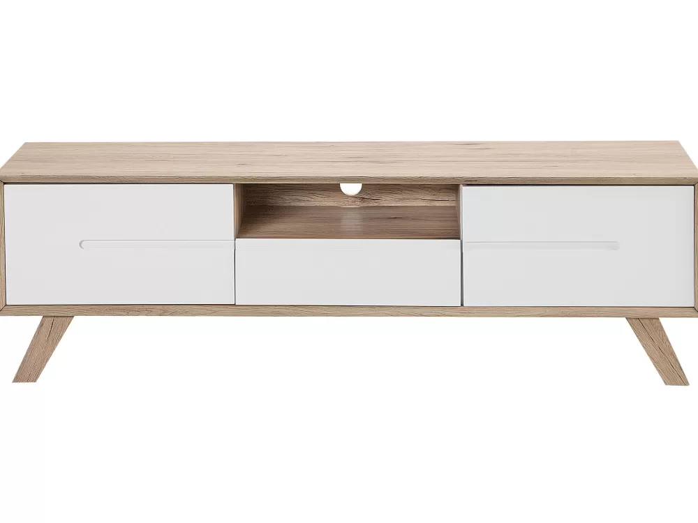 Mobiletto organizzatore per TV con 2 ripiani in legno chiaro e bianco - Design minimalista Beliani Forester