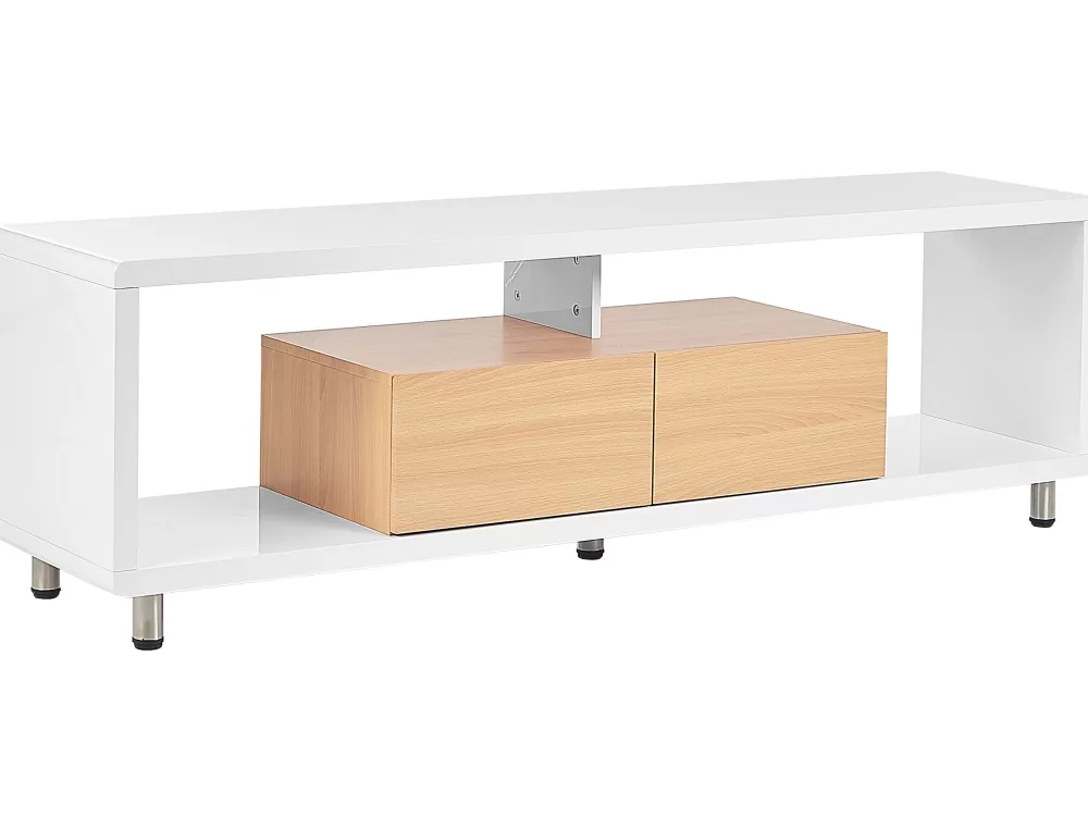 Mobile TV Beliani con 2 cassetti e 2 ripiani - Scaffalatura in legno chiaro stile nordico, finitura opaca bianco avorio, modello Knox per salotto moderno