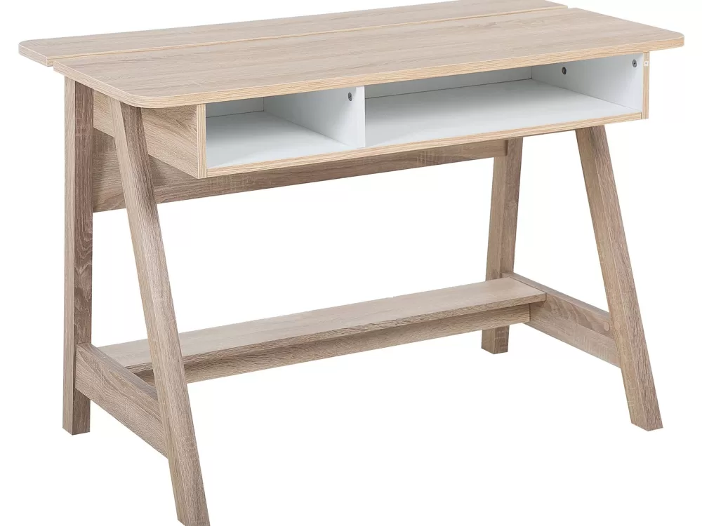Beliani Scrivania Moderna con Mensola Integrata - Design Minimalista in Legno Chiaro e Bianco, Dimensioni Compatte 110x60 cm - Soluzione Pratica per Ufficio o Camera dei Ragazzi
