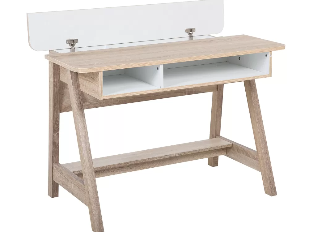 Beliani Scrivania Moderna con Mensola Integrata - Design Minimalista in Legno Chiaro e Bianco, Dimensioni Compatte 110x60 cm - Soluzione Pratica per Ufficio o Camera dei Ragazzi