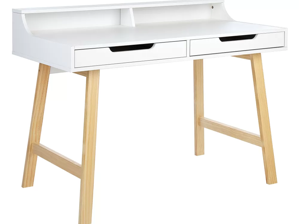 Beliani Scrivania Moderna con 2 Cassetti e Mensola, Bianco Chiaro, Legno Massello 110 cm - Design Barie per Soggiorno/Camera