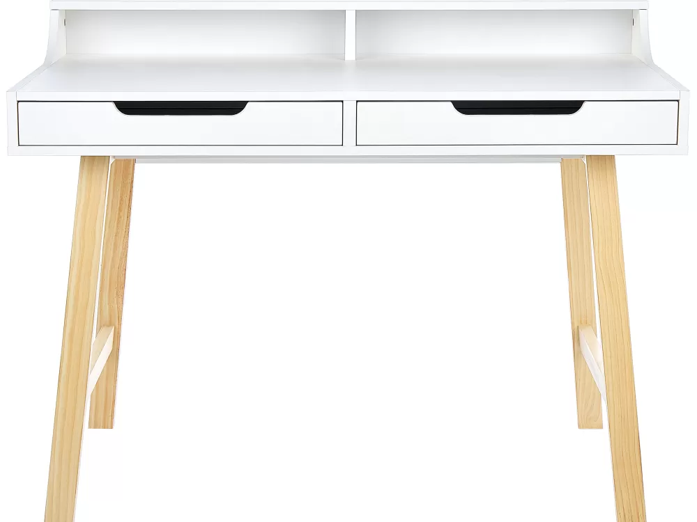 Beliani Scrivania Moderna con 2 Cassetti e Mensola, Bianco Chiaro, Legno Massello 110 cm - Design Barie per Soggiorno/Camera